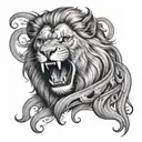 A realistic tattoo design of a fierce lion roaring, with a background of swirling margaritas and always written in elegant script, in a black-grey style tattoo design idea
