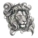 A realistic tattoo design of a fierce lion roaring, with a background of swirling margaritas and always written in elegant script, in a black-grey style tattoo design idea