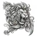 A realistic tattoo design of a fierce lion roaring, with a background of swirling margaritas and always written in elegant script, in a black-grey style tattoo design idea