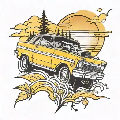 yellow Chevy nova driving into the sunset tattoo design idea