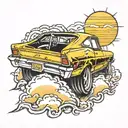 yellow Chevy nova driving into the sunset tattoo design idea