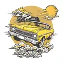 yellow Chevy nova driving into the sunset tattoo design idea