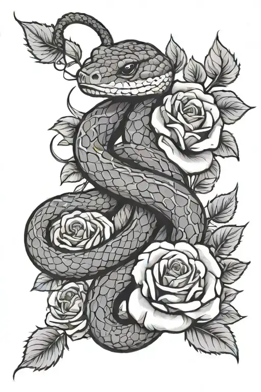 snake and roses  tattoo design idea