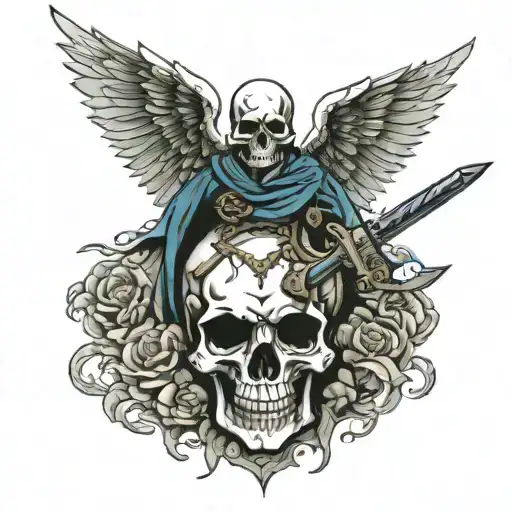 guardian angel, sword, skull surrounded tattoo design idea