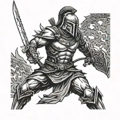 Spartan standing still with one katana in one hand and a sword in the other one, also I want a chain around his neck  tattoo design idea