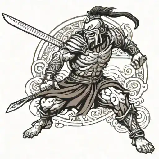 Spartan standing still with one katana and a chain around him  tattoo design idea