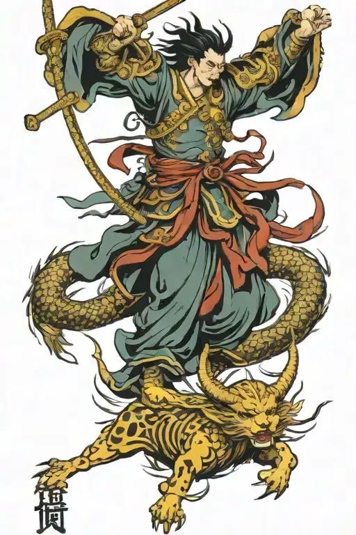 st micheal slaying the devil mixed with japanese tradisional tattoo design idea