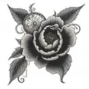 A dotwork tattoo of a peony with delicate nurse-themed elements like a heart rate monitor and medical cross tattoo design idea