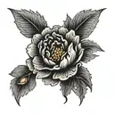 A dotwork tattoo of a peony with delicate nurse-themed elements like a heart rate monitor and medical cross tattoo design idea