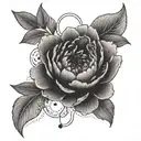 A dotwork tattoo of a peony with delicate nurse-themed elements like a heart rate monitor and medical cross tattoo design idea