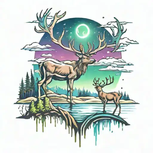 northern lights, deer by the lake, mountains and forest in the background tattoo design idea