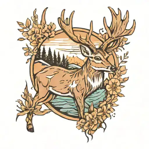 deer, lake forest mountains tattoo design idea