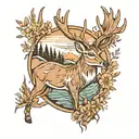 deer, lake forest mountains tattoo design idea