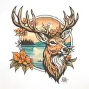 deer, lake forest mountains tattoo design idea