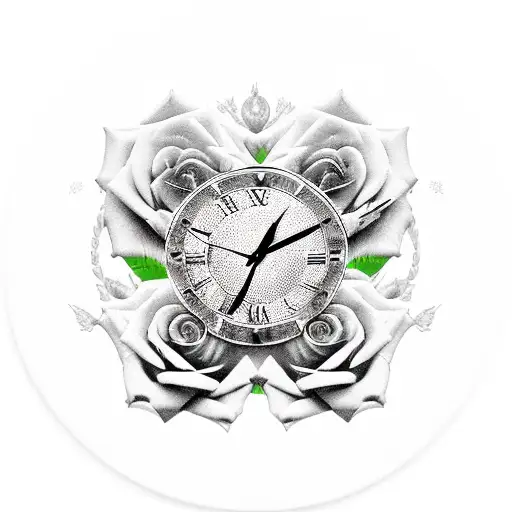 black rose silhouette surrounded by clock with Roman numerals and butterfly  tattoo design idea