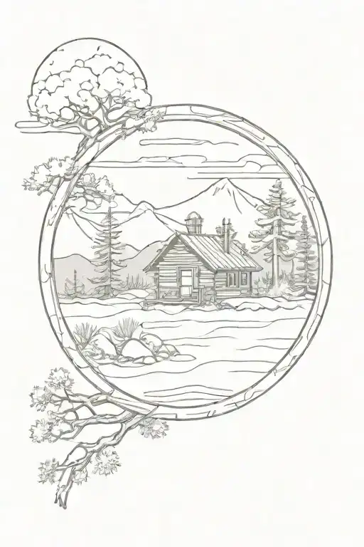 in a circle, a cabin on the beach with mountains behind it with some pine and oak trees, nothing outside of the circle tattoo design idea