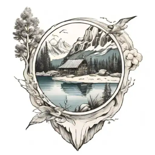 A circle with a cabin and mountains and beach and water inside the circle tattoo design idea