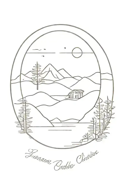 in a circle, a cabin on the beach with mountains behind it with some pine and oak trees, nothing outside of the circle tattoo design idea