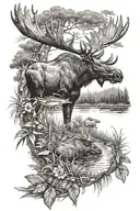 moose, fish and jungle scene tattoo design idea