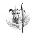 arco e flecha no meio, com um chapéu boina em cima, escrito "eu não ando só" tattoo design idea