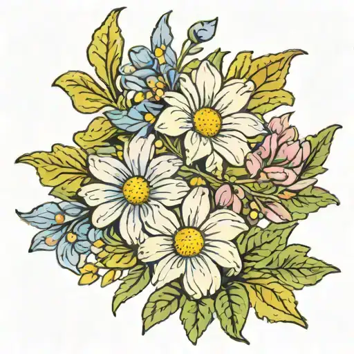 daisy, larkspur, violet flower tattoo design idea
