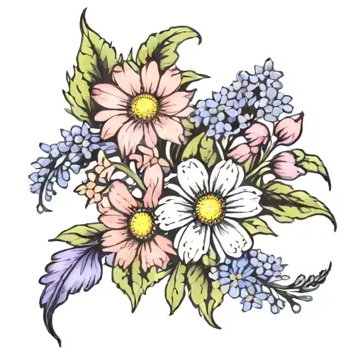 daisy, larkspur, violet flower tattoo design idea