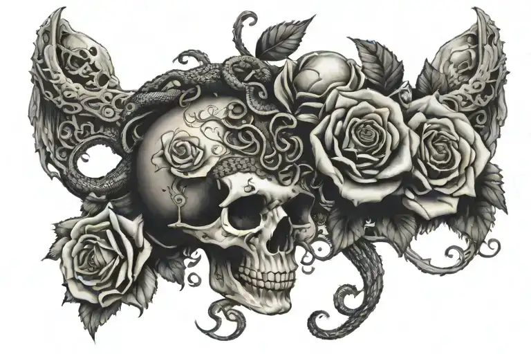 medusa and a skull, lots of snakes, rose, eye, love tattoo design idea