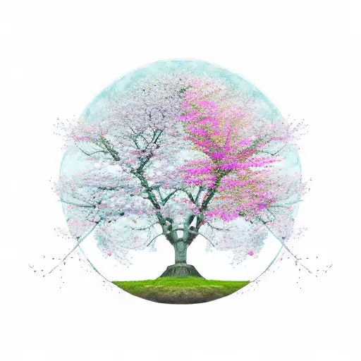 A cherry blossom tree intertwined with a ying and yang symbol tattoo design idea