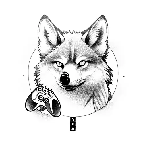 A black-grey tattoo of a bag girl holding a controller, surrounded by gaming symbols and a wolf silhouette in the background. tattoo design idea