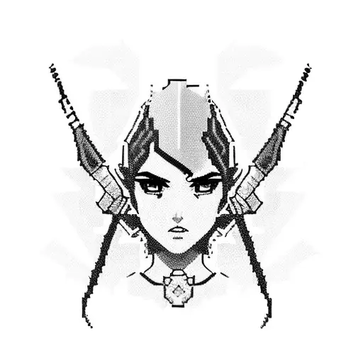 Fierce black-haired bad girl wielding a pixelated sword in a dystopian computer game tattoo design idea