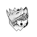 A black-grey tattoo of a bag girl holding a controller, surrounded by gaming symbols and a wolf silhouette in the background. tattoo design idea