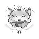 A black-grey tattoo of a bag girl holding a controller, surrounded by gaming symbols and a wolf silhouette in the background. tattoo design idea