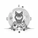 A black-grey tattoo of a bag girl holding a controller, surrounded by gaming symbols and a wolf silhouette in the background. tattoo design idea