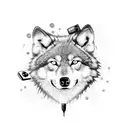 A black-grey tattoo of a bag girl holding a controller, surrounded by gaming symbols and a wolf silhouette in the background. tattoo design idea