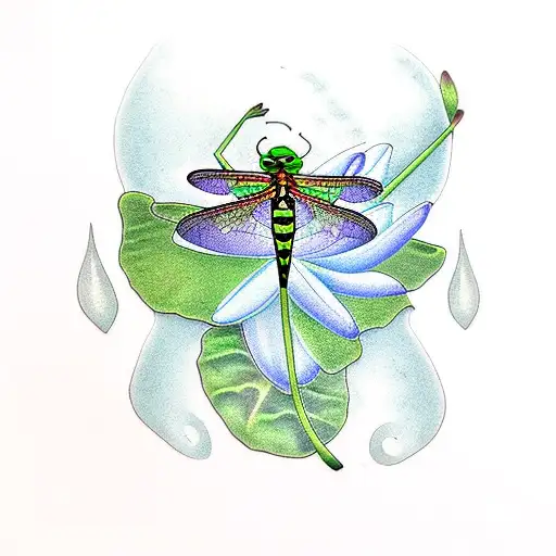 Dragonfly and green tree frog, lily pad, lotus flower tattoo design idea