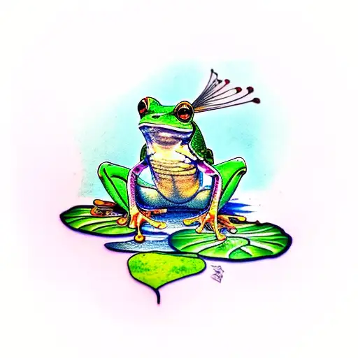 Green tree frog on lily pad, Dragon Fly, Lotus Flower tattoo design idea