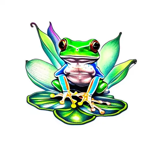 Green tree frog on lily pad, Dragon Fly, Lotus Flower tattoo design idea