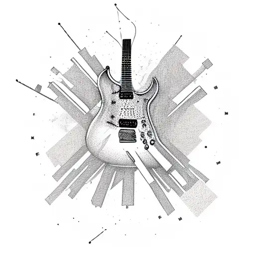 Guitar hero shredding through a courthouse tattoo design idea