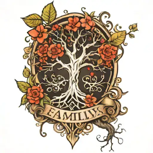 family tree with roots and cross in the middle tattoo design idea