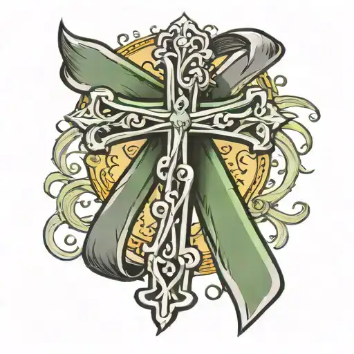 cool crosss with half green and half gray awareness ribbon around the cross tattoo design idea
