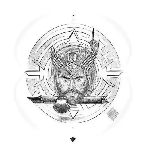Norse style sleeve tattoo with Thor's hammer at top, with design down to wrist. bold.  tattoo design idea