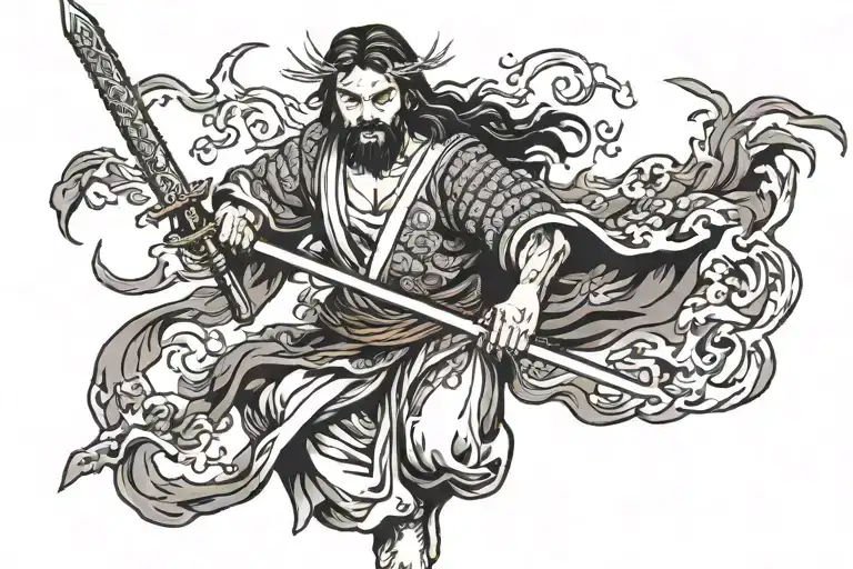 Jesus with japanese armor holding a flaming katana ready to fight the devil  tattoo design idea