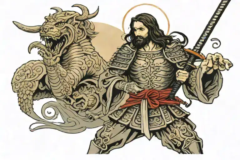 Jesus with japanese war armor holding a holy katana ready to fight the devil  tattoo design idea