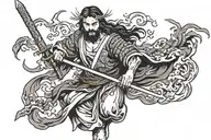 Jesus with japanese armor holding a flaming katana ready to fight the devil  tattoo design idea