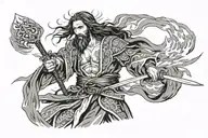 Jesus with japanese armor holding a flaming katana ready to fight the devil  tattoo design idea