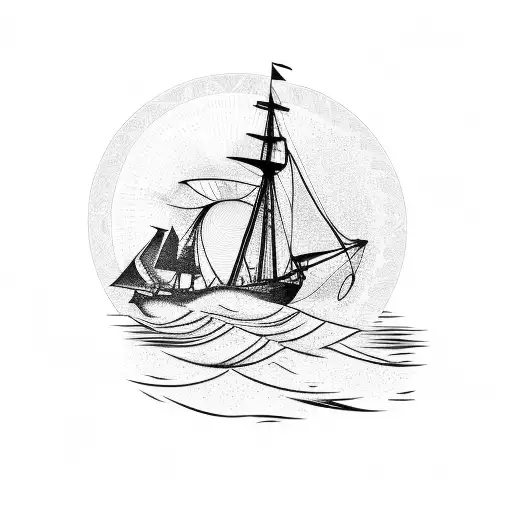 A silhouette of a seaman's ship sailing into the sunset, with a coffee plant wrapping around the mast tattoo design idea