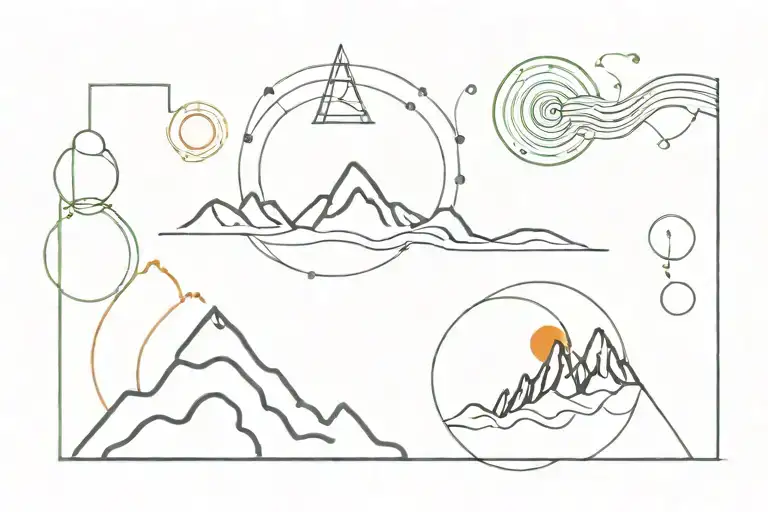 fine line tattoo that includes mountain outline, a wave spiral, and colored chakra dots tattoo design idea