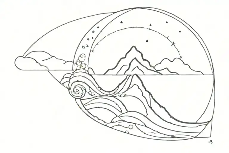 fine line tattoo that includes mountain outline, a wave spiral, and colored chakra dots tattoo design idea