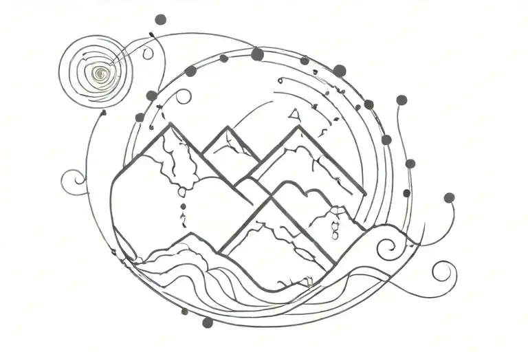 fine line tattoo that includes mountain outline, a wave spiral, and colored chakra dots tattoo design idea