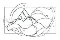 fine line tattoo that includes mountain outline, a wave spiral, and colored chakra dots tattoo design idea